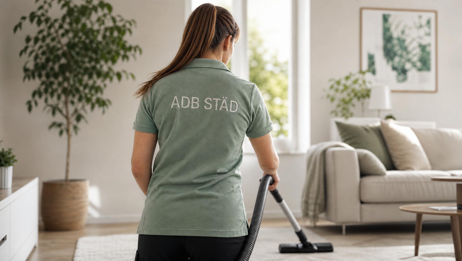 Professionell städare från ADB STÄD som putsar fönster i modern lokal